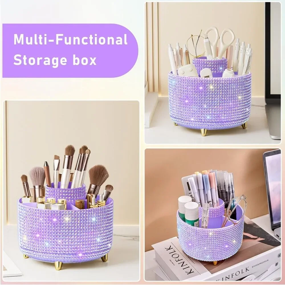 Diesisa 5Slot Makeup Brush Diamond Purple Cup 360° Rotating Makeup Brush Holder